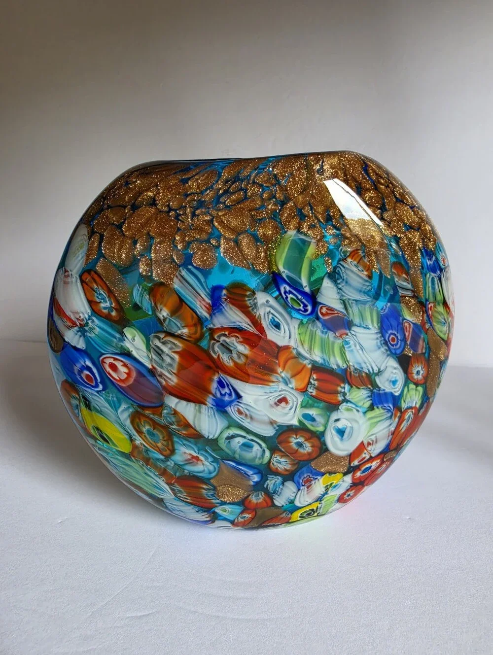 Murano Milleriori Style Art Glass Vase 7.5” Round Flat Blue Multicolor, Lovely!